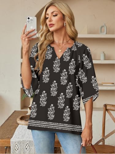 Poetsky Womens Boho Tops V Neck 3/4 Sleeve Blouses Loose Fit Tunic Shirts - color: Black, size: Medium