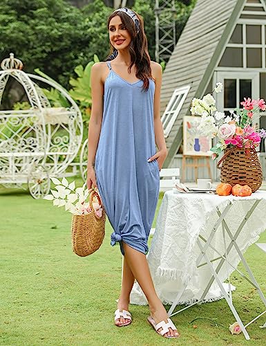 Marvmys Women's Cotton Long Nightgowns Sleeveless Sleep Dress with Pockets - color: Blue, size: Small
