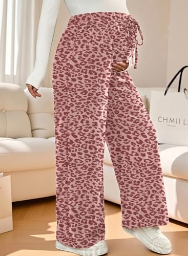 BLENCOT Maternity Pants Leopard Wide Leg Drawstring Pregnancy Trousers - color: Pink, size: Small