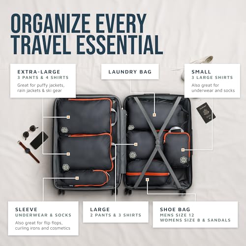 TRIPPED Travel Gear Large Compression Packing Cubes 7-Piece Set for Travel - color: Grey/Orange