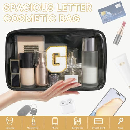 Initial Clear Makeup Bag, Birthday Gift Chenille Patch Cosmetic Bag - color: Black, size: G
