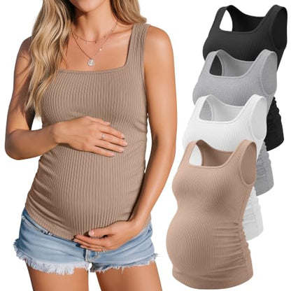 4 Pack Maternity Ribbed Tank Tops - color: Khaki, White, Light Gray, Black, size: X-Large