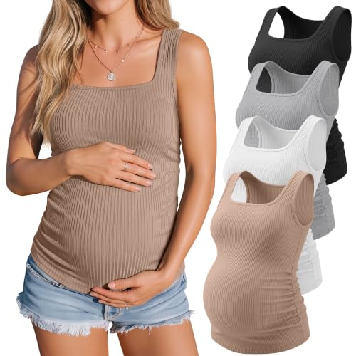 4 Pack Maternity Ribbed Tank Tops - color: Khaki, White, Light Gray, Black, size: Large