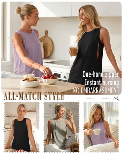 3 Pack Women's Nursing Tank Tops - color: Cement Gray, Gray Purple, Black, size: X-Large