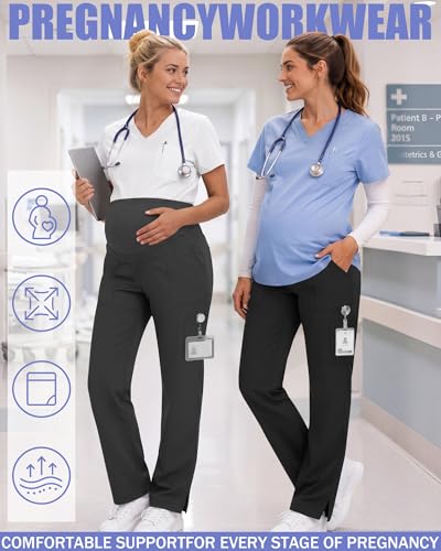2 Pack Womens Maternity Pants Scrub with 6 Pockets - color: Black, Dark Gray, size: Small