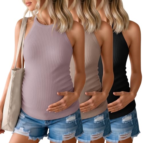 3 Pack Women's Maternity Tank Tops - color: Black, Khaki, Gray Purple, size: Small