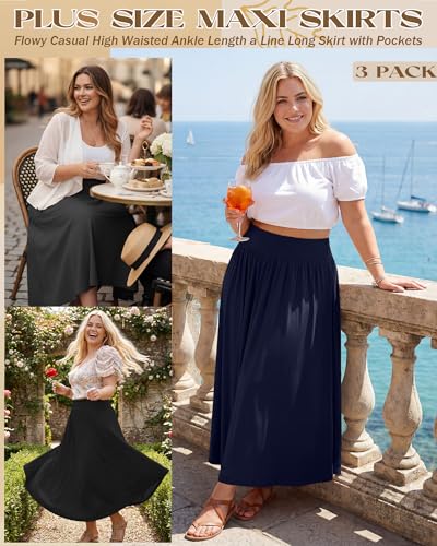 3 Pack Women's Plus Size Maxi Skirts - color: Black, Navy Blue, Charcoal Gray, size: XX-Large