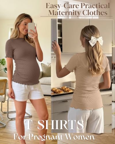 3 Pack Women's Ribbed Maternity Tops - color: Apricot, Khaki, Coffee, size: Medium