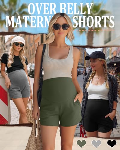 3 Pack Women's Maternity Shorts - color: Army Green, Light Grey, Black, size: Large