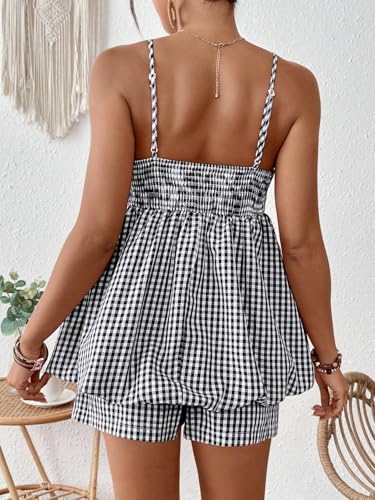 SweatyRocks Women Maternity 2 Piece Outfits Gingham Cami Top Shorts Sets - color: Black and White, size: X-Small