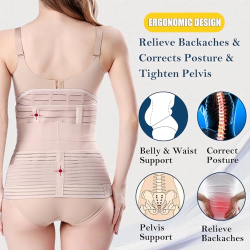 ChongErfei 3 in 1 Postpartum Belly Wrap Recovery Band Belt Abdominal Binder - color: Beige, size: S/M