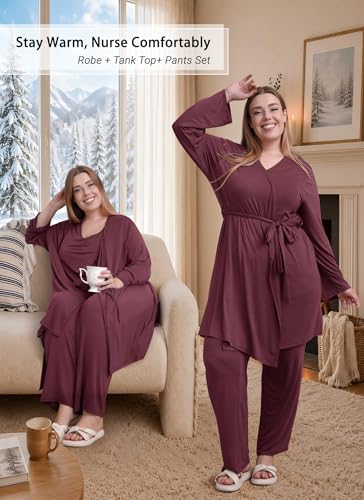 Rnxrbb 4 PCS All-Season Nursing Pajamas Robe Set Maternity Postpartum Pjs - color: Deep Purple, size: Medium