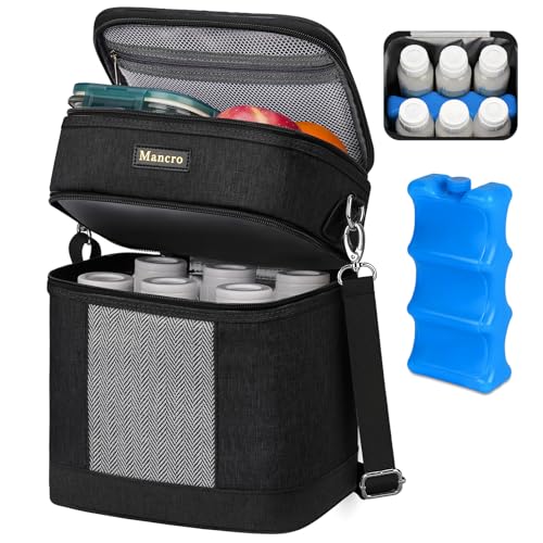 Mancro Breast Milk Cooler Travel Bag with Ice Pack, Bottle Bag for Daycare - color: Black & Grey