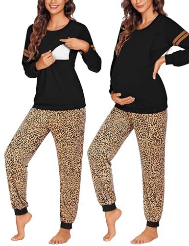 Maternity Pajamas Set Nursing Breastfeeding Postpartum Pregnancy Pjs - color: Black-leopard Print, size: Small