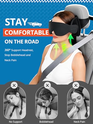 SARISUN Travel Pillow for Car Trip Head Strap for Headrest with 3D Eye Mask - color: Black-for Car Seat