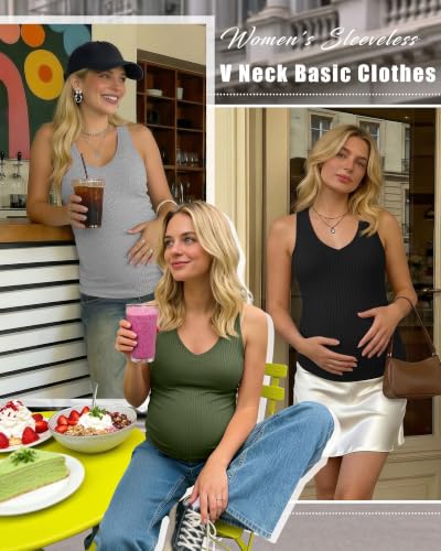 3 Pack Maternity Tank Tops Ribbed V Neck - color: Army Green, Light Gray, Black, size: XX-Large