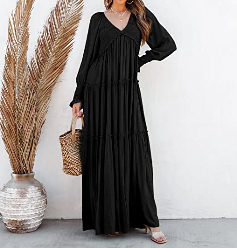 R.Vivimos Long Sleeve V Neck Flowy Maxi Dresses for Women - color: Black, size: Medium