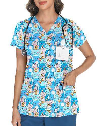 LOMON Women's V Neck Printed Scrub Top with 3 Pockets - color: Elephant Family, size: Medium