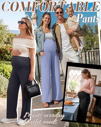Neer 3 Pack Women's Maternity Lounge Wide Leg Pants - color: Sky Blue, Dark Gray, Black, size: Large