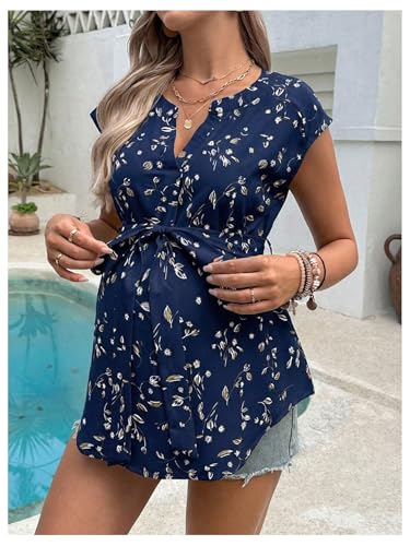 MakeMeChic Women's Maternity Blouse V Neck Cap Sleeve Belted Summer Shirt - color: Blue, size: Small