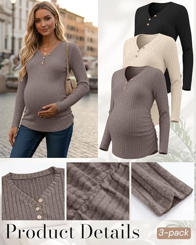 Oakgarden 3 Pack Women's Ribbed Henley Maternity Sweaters - color: Black, Apricot, Coffee, size: Medium