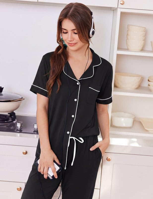 Ekouaer Women Pajama Set Short Sleeve Button Down Pjs with Jogger Pants - color: Black, size: XX-Large