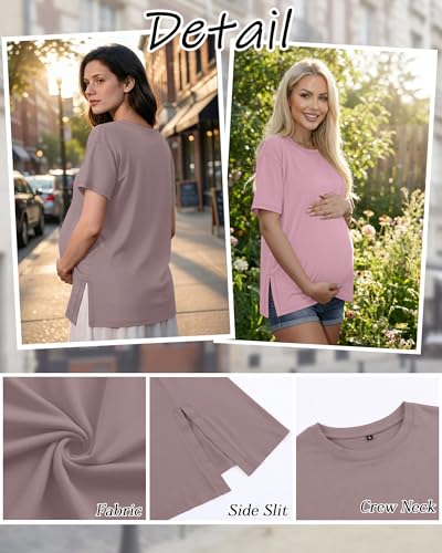 Riyiper 4 Pack Women's Short Sleeve Maternity T Shirts - color: Light Pink, White, Khaki, Gray Purple, size: Small