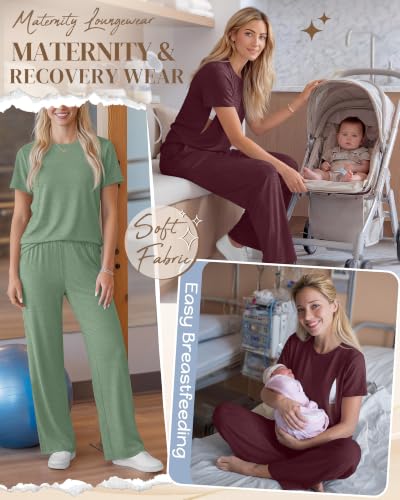 Ficerd 2 Pack Maternity Nursing Pajama Breastfeeding Sets Pjs - color: Sage Green, Wine Red, size: Large