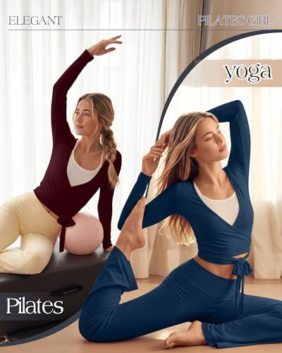 Oakgarden 3 Pack Womens Pilates Wrap Tops Ballet Tie Wrap Shirts - color: Black, Navy Blue, Wine Red, size: X-Large