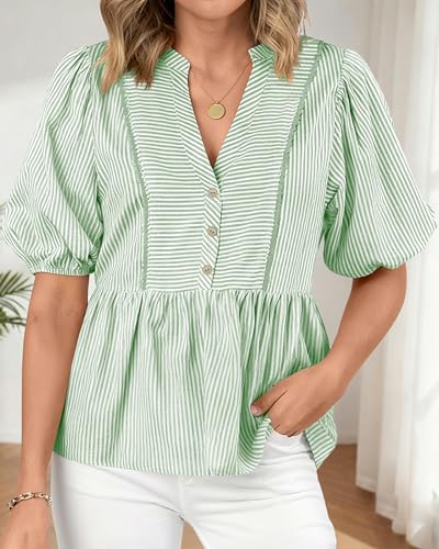 dowerme Women Lantern Sleeve Button Up Stripes Babydoll Tops - color: Green, size: Medium