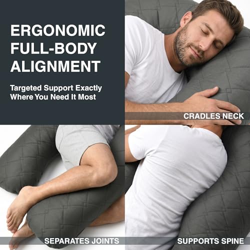 U Shaped Pillow Full Body Support Quilted 55 in Charcoal - color: Quilted – Charcoal