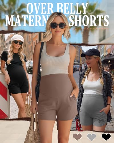 3 Pack Women's Maternity Shorts - color: Coffee, Light Grey, Black, size: Medium