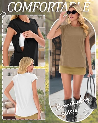 Ficerd 3 Pack Women's Nursing Cap Sleeve Shirts - color: Light Brown, White, Black, size: XX-Large