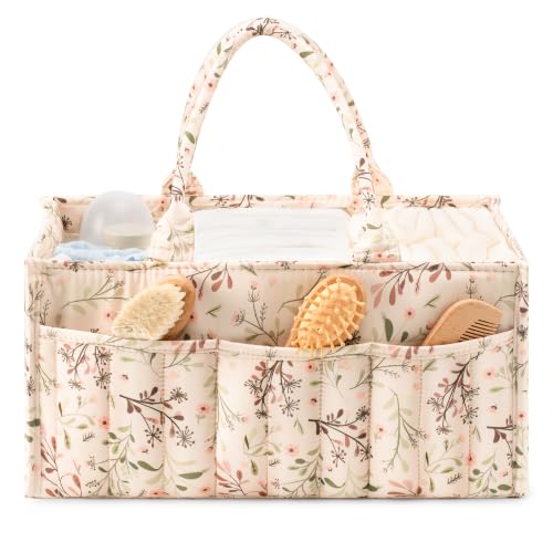 Quilted Diaper Caddy Organizer with Handle, Portable Nursery Storage Basket - color: Flower Leaf