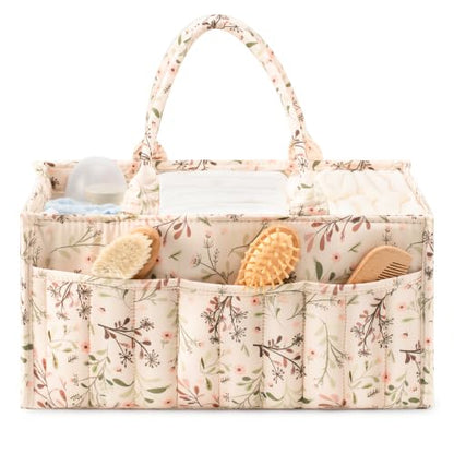 Quilted Diaper Caddy Organizer with Handle, Portable Nursery Storage Basket - color: Flower Leaf
