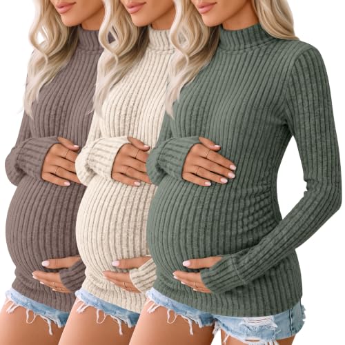 3 Pack Women's Maternity Turtleneck Tops - color: Army Green, Apricot, Coffee, size: Small