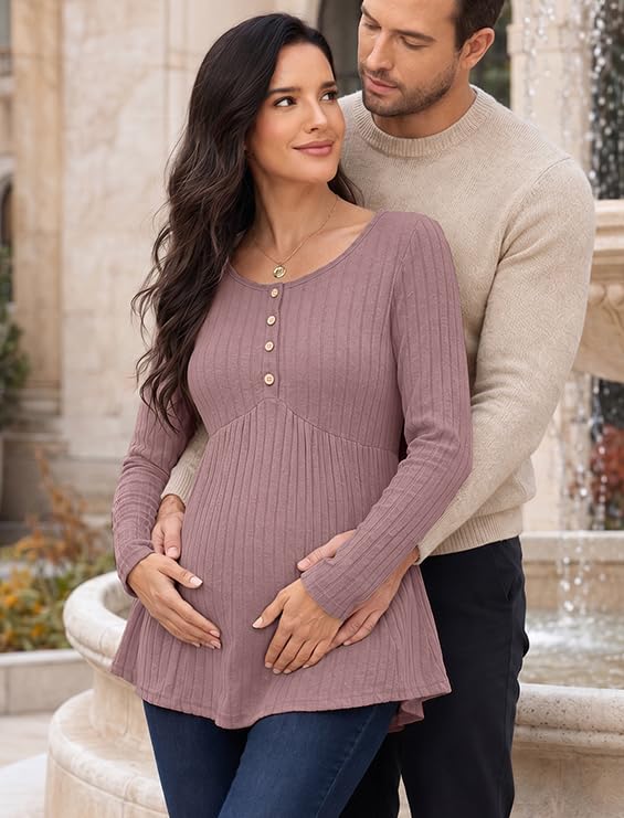 Genhoo Womens Maternity Tops Long Sleeve Maternity Shirts Henley Clothes - color: Dusty Pink, size: Large