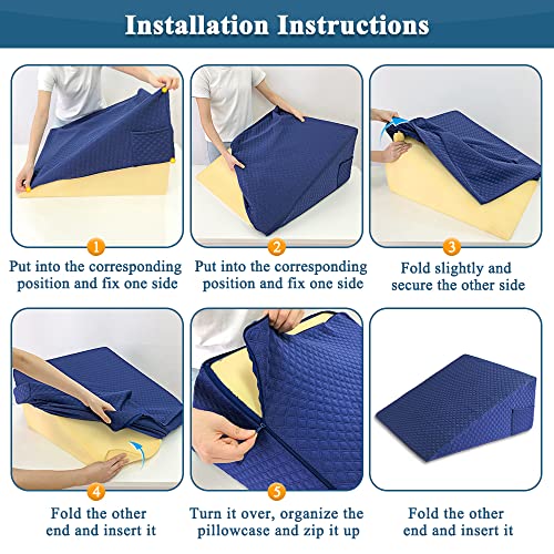 Wedge Pillow Cover Quilted Triangle Incline Bed Wedge Pillowcase Slanted Pillow Case Protector(24"x25"x12") with Pocket & Zipper Only Replacement Cover Machine Washable - color: Blue