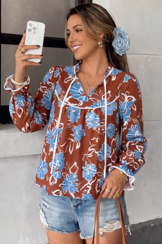 PRETTYGARDEN Women Boho Floral Babydoll Tunic Top - color: Brown White Blue, size: Medium