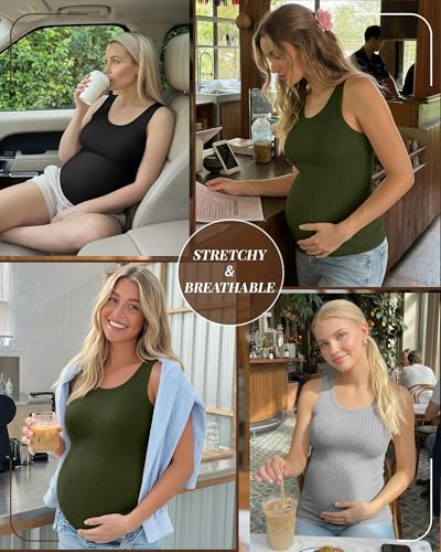 Locoowai 3 Pack Women's Maternity Tank Tops - color: Army Green, Light Gray, Black, size: Medium