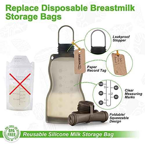 haakaa Silicone Breast Milk Storage Bags,9oz/260ml,5 Count, Grey - color: Gray, size: 5 Count