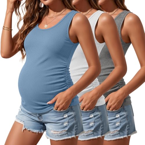 Riyiper 3 Pack Women's Maternity Tank Tops - color: Light Heather Gray, White, Sky Blue, size: Medium