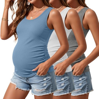 Riyiper 3 Pack Women's Maternity Tank Tops - color: Light Heather Gray, White, Sky Blue, size: Medium