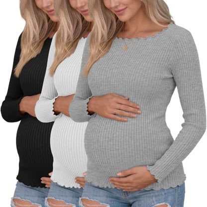 3 Pack Women's Maternity Long Sleeve Cotton Shirts - color: Black, White, Light Gray, size: Large
