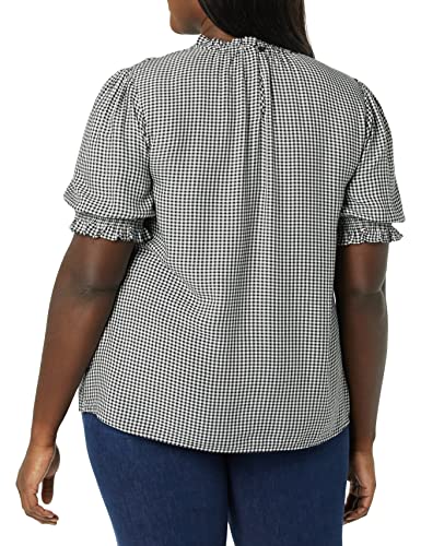 Amazon Essentials Women's Fluid Twill Short Puff Sleeve Ruffle Smock Detail Blouse - color: Black White Mini Gingham, size: Small