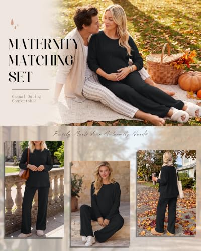 Huukeay Women's Maternity 2 Piece Waffle Outfits Lounge Set - color: Black, size: Medium
