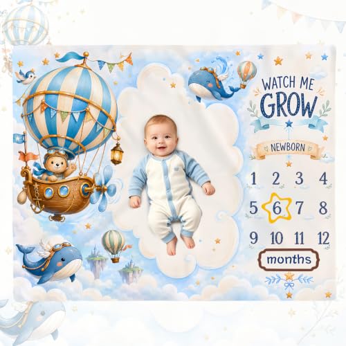Hot Air Balloon Bear Baby Milestone Blanket, Sky Adventure Whale Floating Island 1-12 Months Growth Photography Backdrop, Blue Boy Gender Neutral Newborn Photo Prop, 50x40 Inch - color: Hot Air Balloon