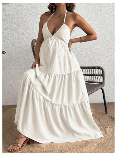 OYOANGLE Women's Summer Boho Maternity Dress Halter Flowy Baby Shower Dress - color: Apricot, size: Medium