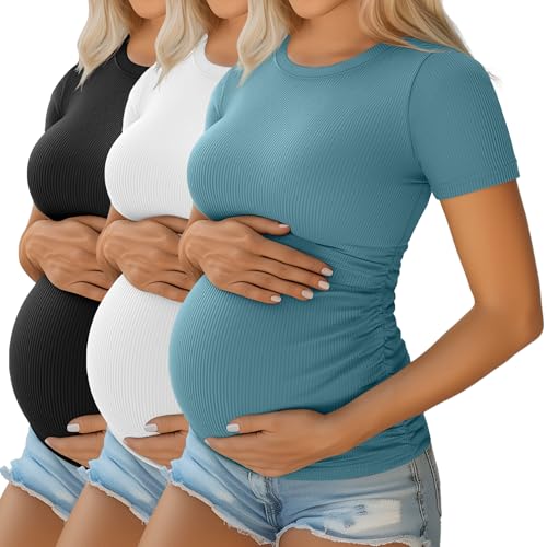 Ficerd 3 Pack Women's Short Sleeve Maternity Shirts - color: Black, White, Gray Blue, size: Medium