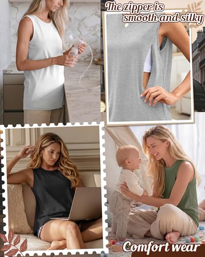 4 Pack Women Nursing Tank Tops Breastfeeding - color: Gray Green, Gray, White, Black, size: Large